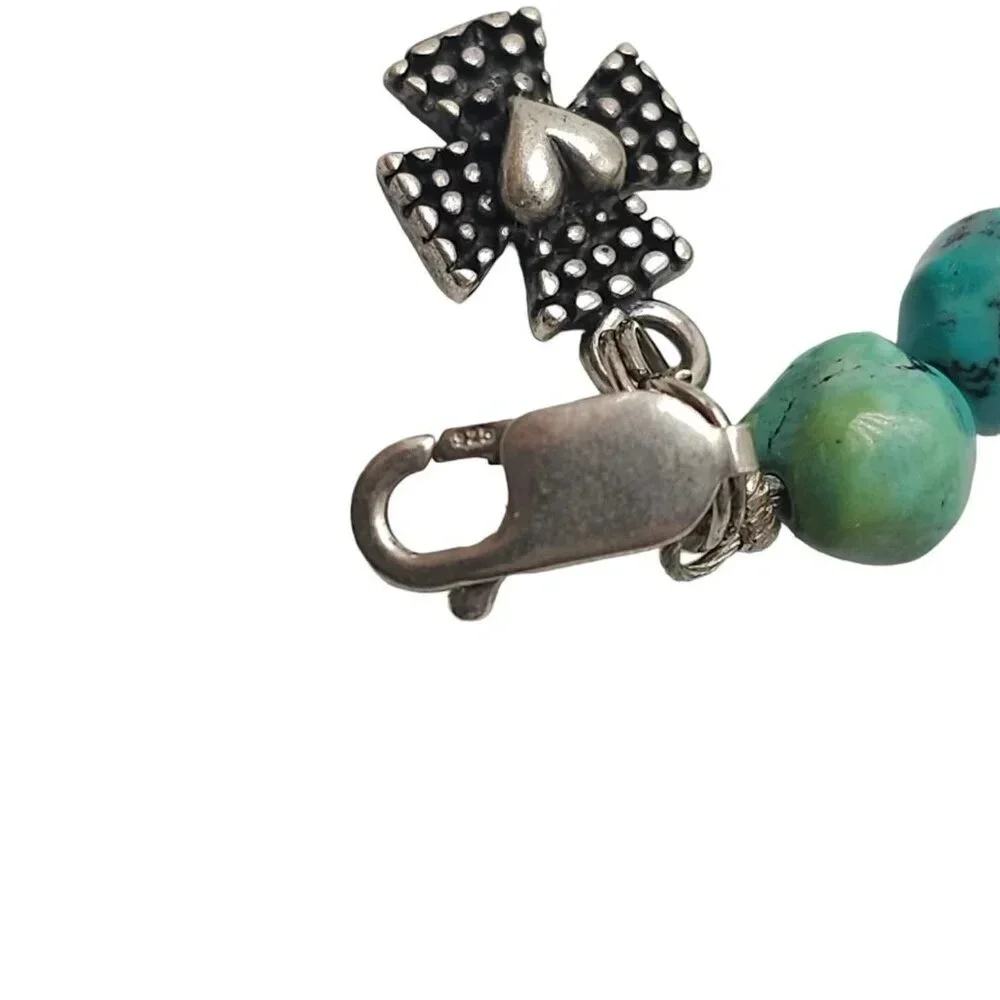 925 Sterling Silver Maltese Cross Blue Turquoise Beaded Bangle Bracelet Vintage
